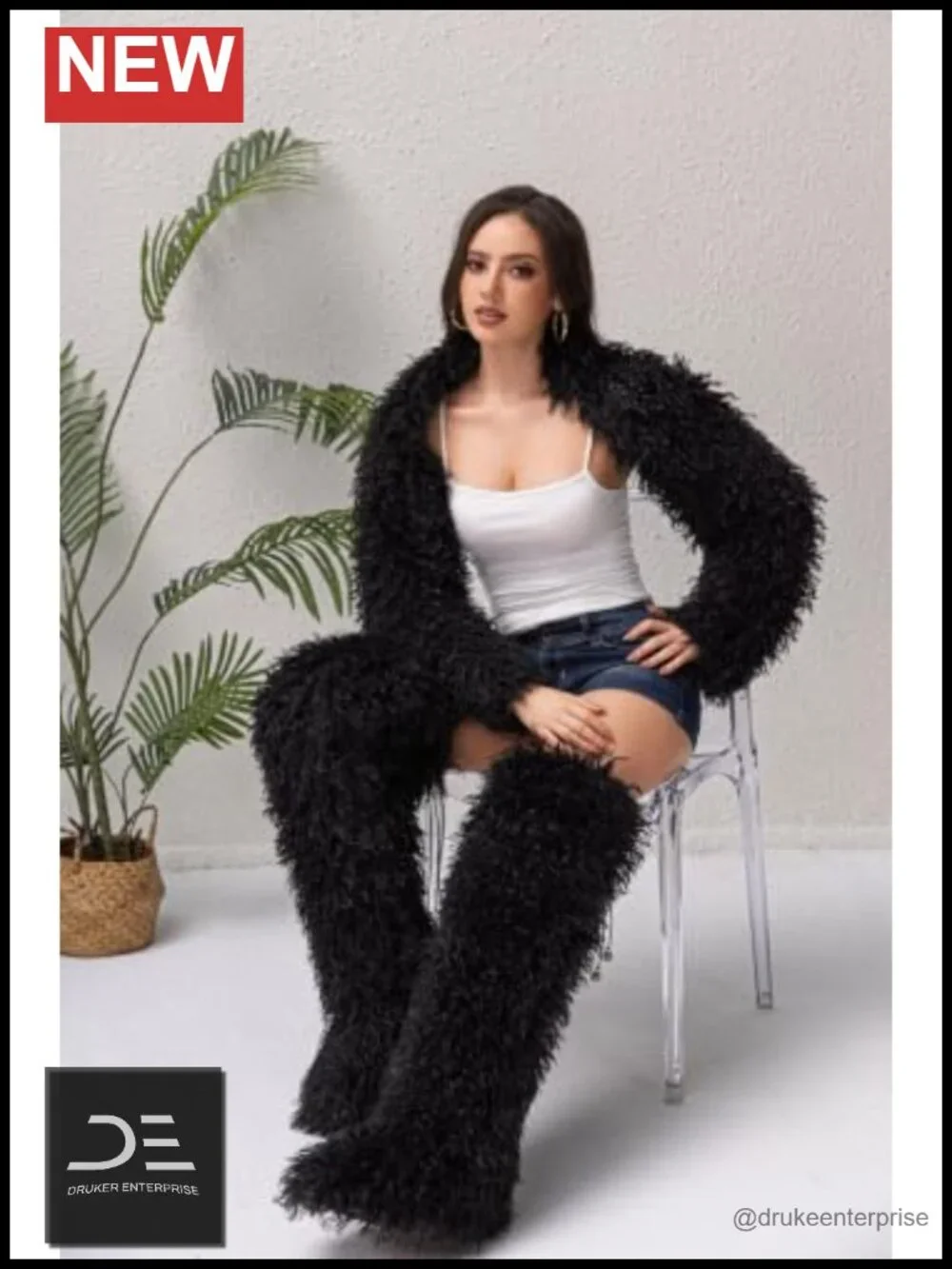 Women Over the Knee Fluffy Faux Fur Winter Boots Adjustable Leather Trim